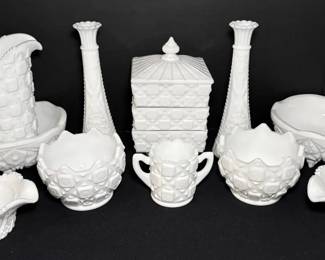 Westmoreland Old Quilt Patterned Milk Glass 1950s Fenton Block and Star Jug