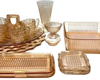 Pink Depression Glass Tea Cups, Plates, Refrigerator Dish, and More