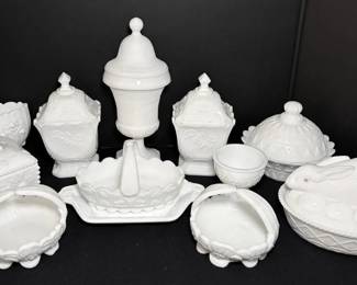 Milk Glass Candy Dishes, BunnyonNest, Fenton Cabbage Rose Oval Vase,  More