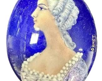 French Hand Painted Enamel Portrait Brooch, Signed Gamet