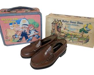 Mother Goose Leather Childrens Shoes and Raggedy Ann  Andy Lunchbox
