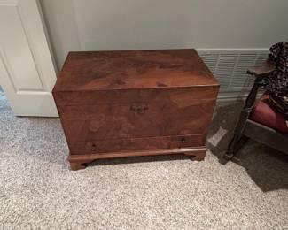 Vintage Patchwork Poplar, Walnut, Burl Wood Trunk with Drawer (Set). MINT Condition