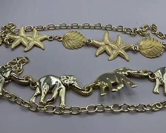 Vintage Chain Link Brasslike Belts With Elephants Seashells