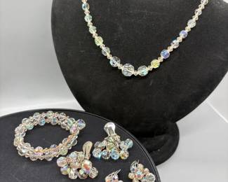 Vintage Aurora Borealis Crystal Necklace, Earrings, Bracelet 1 Pair Of Clipons Is Marked Weiss
