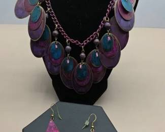 Metal Purple, Pink, And Teal Apron Necklace Earring Set