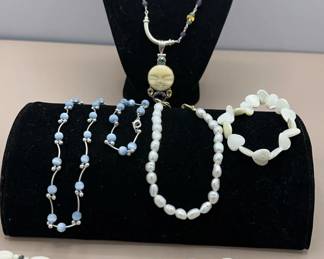 Assorted Beaded Jewelry Collection Mother Of Pearl, Blue White Tones
