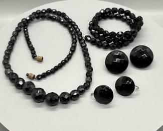 Vintage Mid Century Faceted Jet Black Glass Bead Necklace, Bracelet, Clip Ons Set