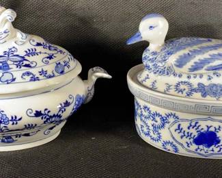 Blue And White Porcelain Tureens Blue Onion Pattern And Unbranded Duck