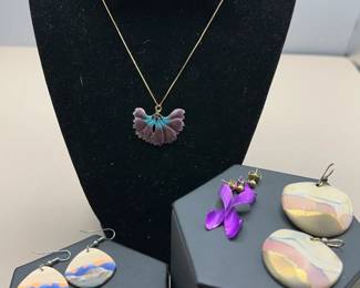 Purple Blues Dangle Earrings Matching Necklace Unmarked