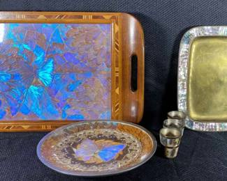 Vintage Mother Of Pearl Brass Tray W 6 Shot glasses And Butterfly Wing Tray And Plate
