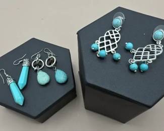 Dangling Earrings In Silver Tone Turquoise Stones 3 Pairs