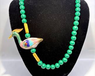 Vintage Cloisonne Mallard Duck With Green Jade Beads Necklace
