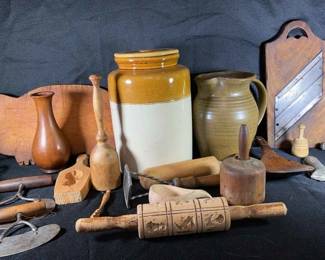 Vintage Kitchen Items Stoneware, Wood, Herb Chopper, Rolling Pin, Egg Beater, Graters, and more