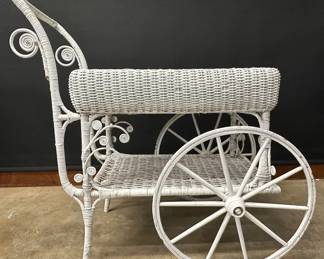 White Wicker Rolling Dolley Cart