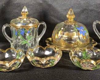 Vintage Hand Painted Glassware With Floral Design And Gold Rims