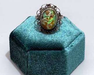 Vintage Sterling Silver 925 Mexico Foil Opal Like Glass Ring