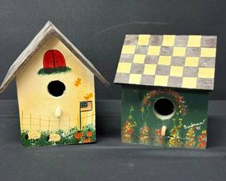 2 Adorable Hand Painted Wooden Bird Houses Signed