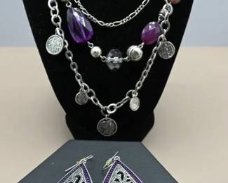 Premier Designs Purple Silver Tone Layered Necklace 32 Long Matching Earrings