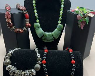 Variety Vintage Necklaces Including Premier Designs, Red Black Medallion, Leaf Bib