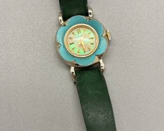 VINTAGE 1950s Rinora By Sheffield Ladies Green Flower Wrist Watch