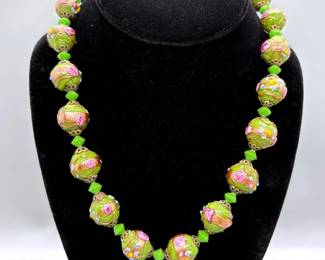 Vintage Italian Green Pink Wedding Cake Venetian Glass Beaded Necklace