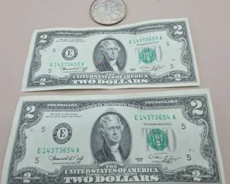 Two Crisp 1976 2dollar Bills 2008 Silver American Eagle Coin