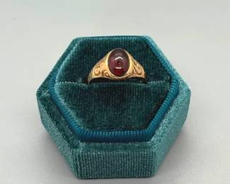 Vintage Garnet Cabochon Ring with Original Engraving in 10K Yellow Gold