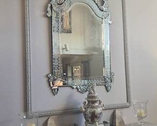 Oversize Venetian style mirror; Satsuma urn
