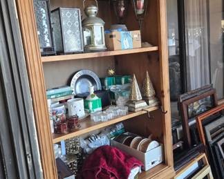 Pine cupboard, lanterns, Christmas ribbon, candle holders, frames