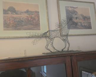 Luther Burbank framed prints; OOAK horse sculpture; oak cabinet