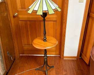 Vintage Tiffany Style Stain Glass Lamp With Integrated Table