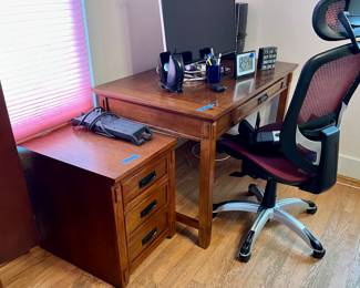 P.C. cleaned and reset, 20 in. monitor great officce desk, ergonomic chair, 2 drawer file cabinet + small misc.