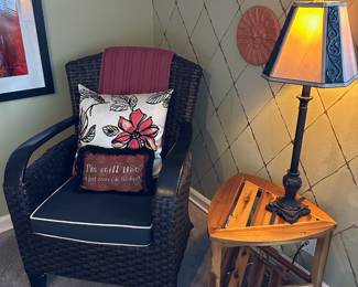 Black Wicker Arm Chair, Rustic Triangle Side Table