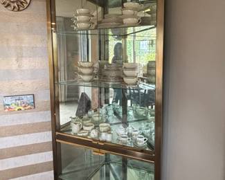 Brass Tone Mirrored Glass Corner Display Cabinet