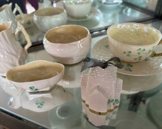 Belleek Irish Porcelain Lily Creamer Pitcher & Sugar Bowl, Belleek Irish Porcelain Shamrock Teacup & Saucer, Salt Cellar