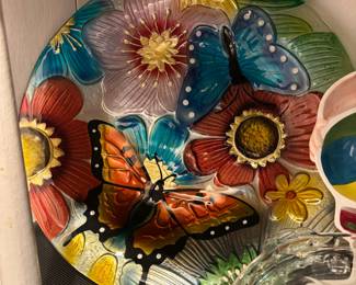 Butterfly & Floral Design Glass Bird Bath Bowl