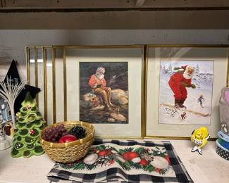 Framed & Matted Tom Browning Santa Prints, Ceramic Christmas Tree