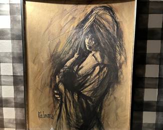 Framed Charcoal Lithograph Portrait of Woman by Aldo Luongo
