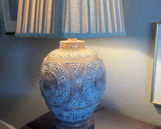 Textured Ceramic Table Lamp with Geometric Carved Design