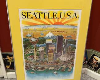 Framed & Matted 1970s Seattle Skyline Poster
