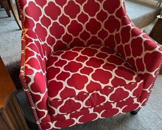 Pair of Red & White Quatrefoil Upholstered Accent Chairs