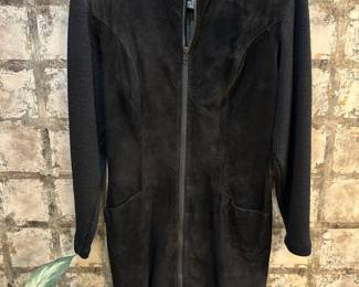 Andrea Jovine Black Leather & Wood Long Jacket – Size 8