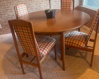 Mid Century Danish Teak Dining Table with 4 Plaid Upholstered Dining Chairs