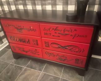 Quote Decorated Red and Black Wooden Dresser