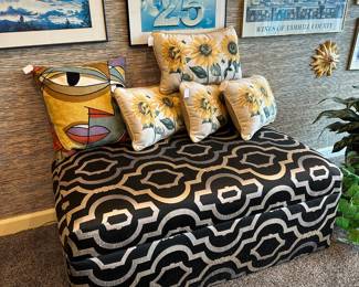 Black and Silver Geometric Patterned Ottoman, Picaso Inspired Abstract Face Throw Pillow