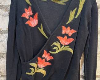 Mechant Black Wrap Sweater with Red and Green Floral Embroidery