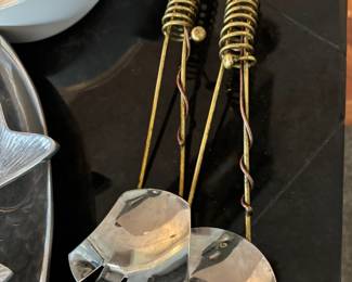 Serving Fork and Spoon Silver with Gold Metal Spiral Handle