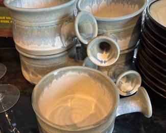 Grey & Cream Glazed Studio Pottery Soup Mugs – Signed by B. Truburg