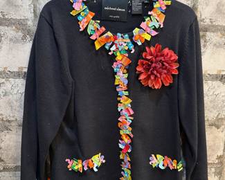 Michael Simon Black Cardigan with Colorful Ribbon Accents – Size Medium