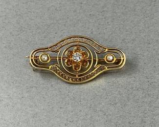 14K and Diamond Brooch with Seed Pearls